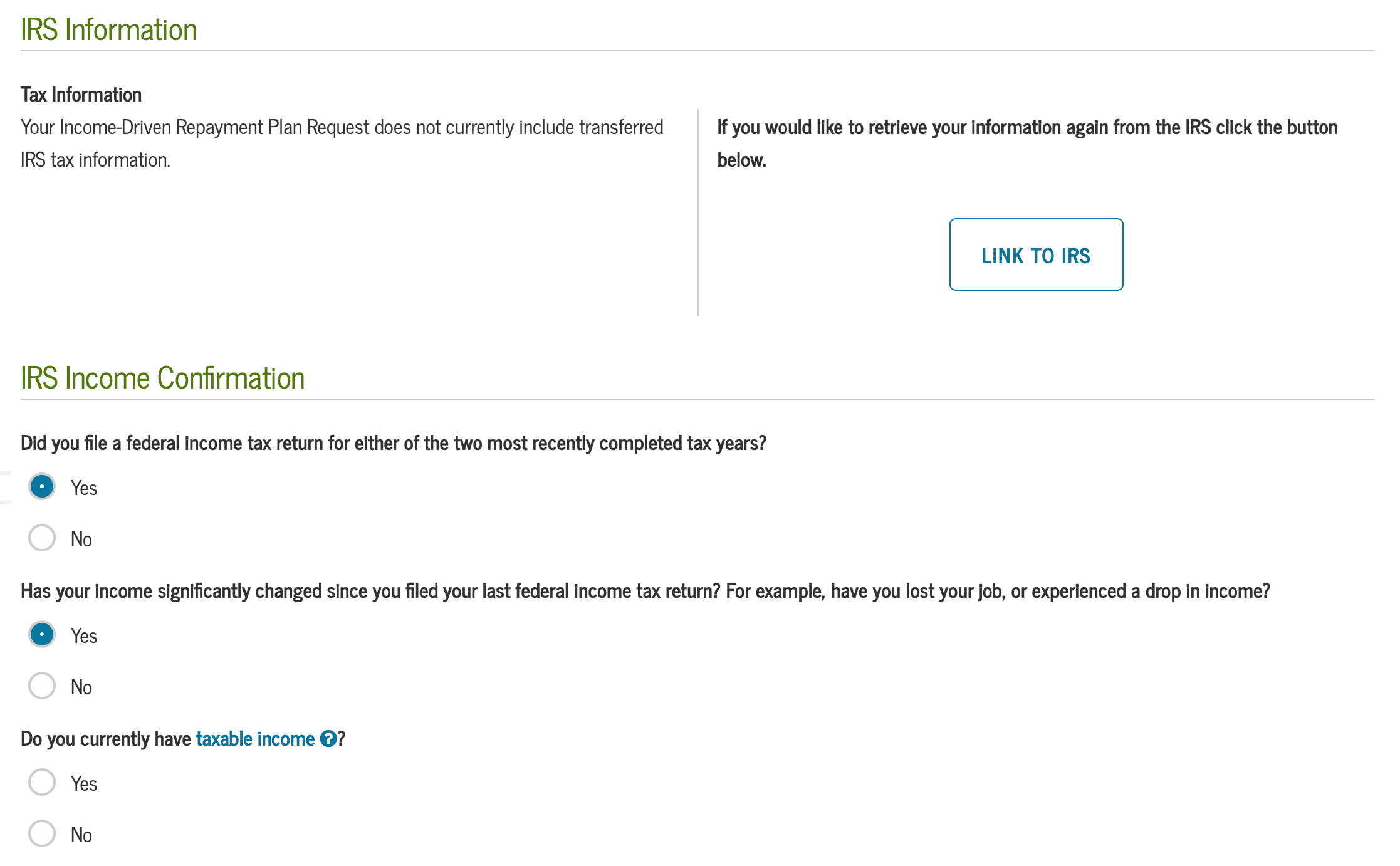 Questions to answer on studentloans.gov to submit alternative documentation of income