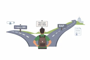 Minimalist illustration of a borrower at a fork in the road choosing between Legacy IBR and RAP student loan repayment paths.